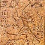 Relief showing Hatshepsut in her role as pharaoh performing the Heb-Sed running with an Apis bull between the markers.