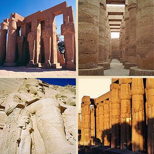 TOP: The ramesseum and the hypostyle hall at Karnak, BOTTOM: Abu Simbel and the Luxor temple.