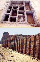 TOP: Tomb "U-J" has 12 chambers and still contained much funerary equipment. BOTTOM: An ancient royal enclosure wall at Abydos